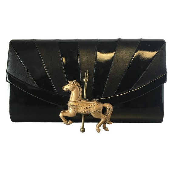 Black Patent Leather Structured Envelope Clutch Bag Vintage 70s Accessory - Picture 3 of 6
